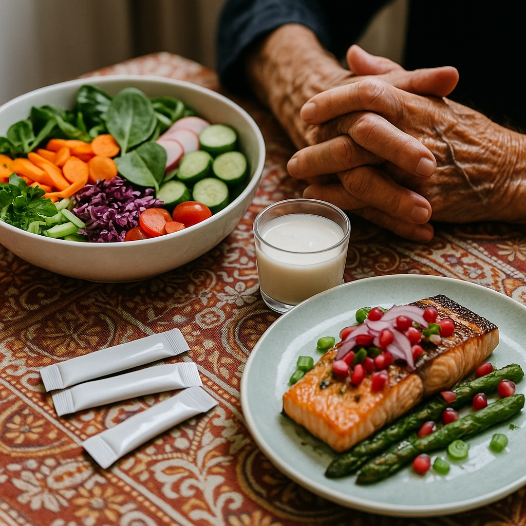 Elderly centenarian hands resting by yogurt and a colorful Mediterranean plate with probiotic sticks.