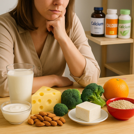oman choosing between calcium-rich foods and calcium supplements at home