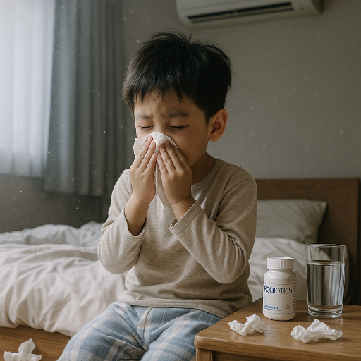 Asian boy with allergic rhinitis blowing his nose in a dusty bedroom with probiotics on bedside table
