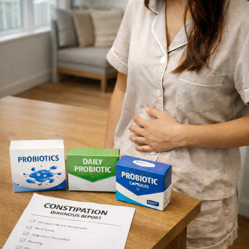 Asian woman holding her stomach while looking at probiotic supplements and a constipation diagnosis on a dining table.