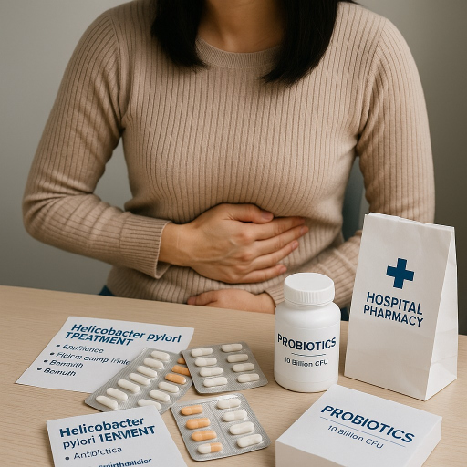 Woman clutching abdomen at desk with H. pylori medications and probiotics