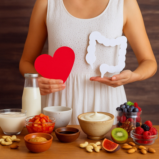 Woman holding heart and gut cutouts behind a table of lactic acid bacteria foods like yogurt, kimchi and miso for gut health