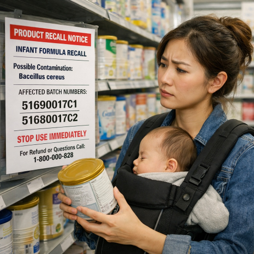 Young Asian mother holding a baby in a carrier reading an infant formula recall notice for Bacillus cereus at a pharmacy formula shelf