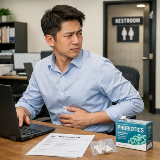 Young office worker with stomach pain during work, probiotic supplements and prescription on desk, representing diarrhea management and gut health support.