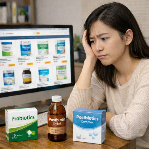 Young Asian woman comparing probiotics, dead bacteria drink, and postbiotics on an online shopping website
